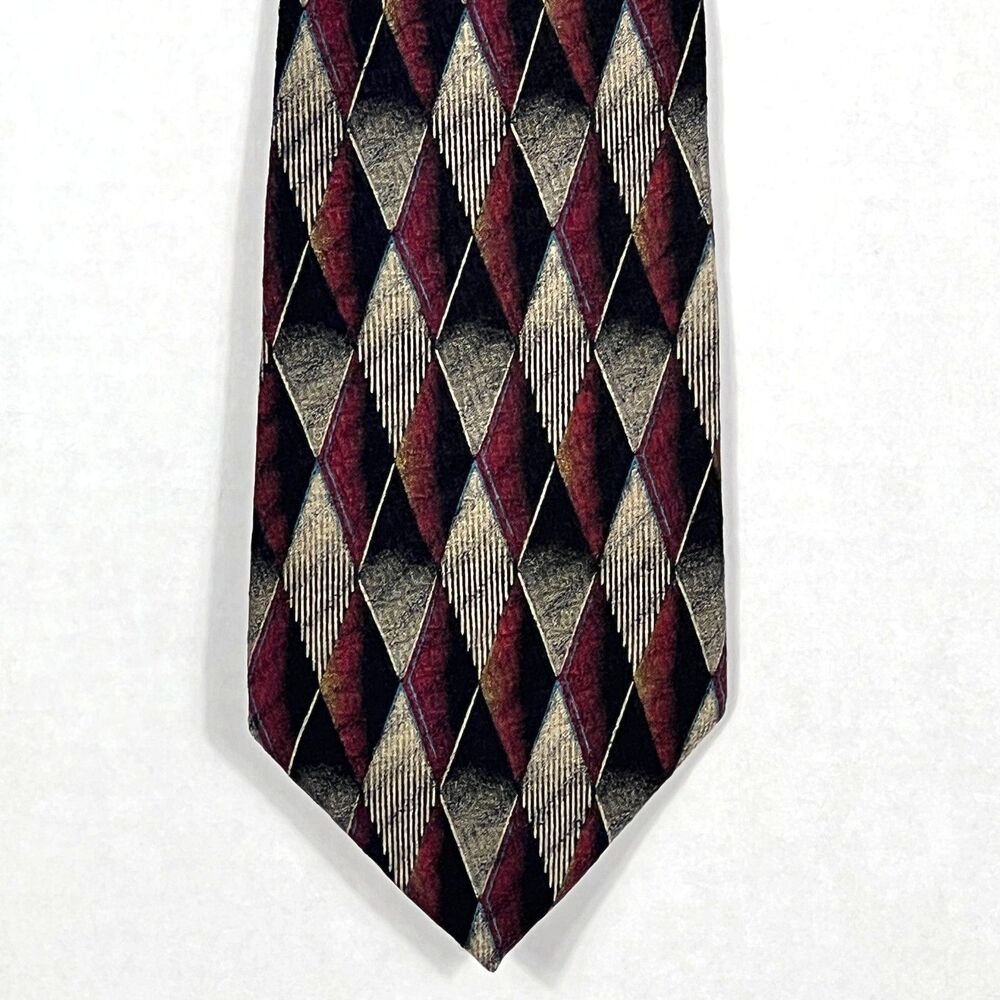 Van Heusen Silk Tie 4" x 58" Maroon Gold Black Geometric Made in USA